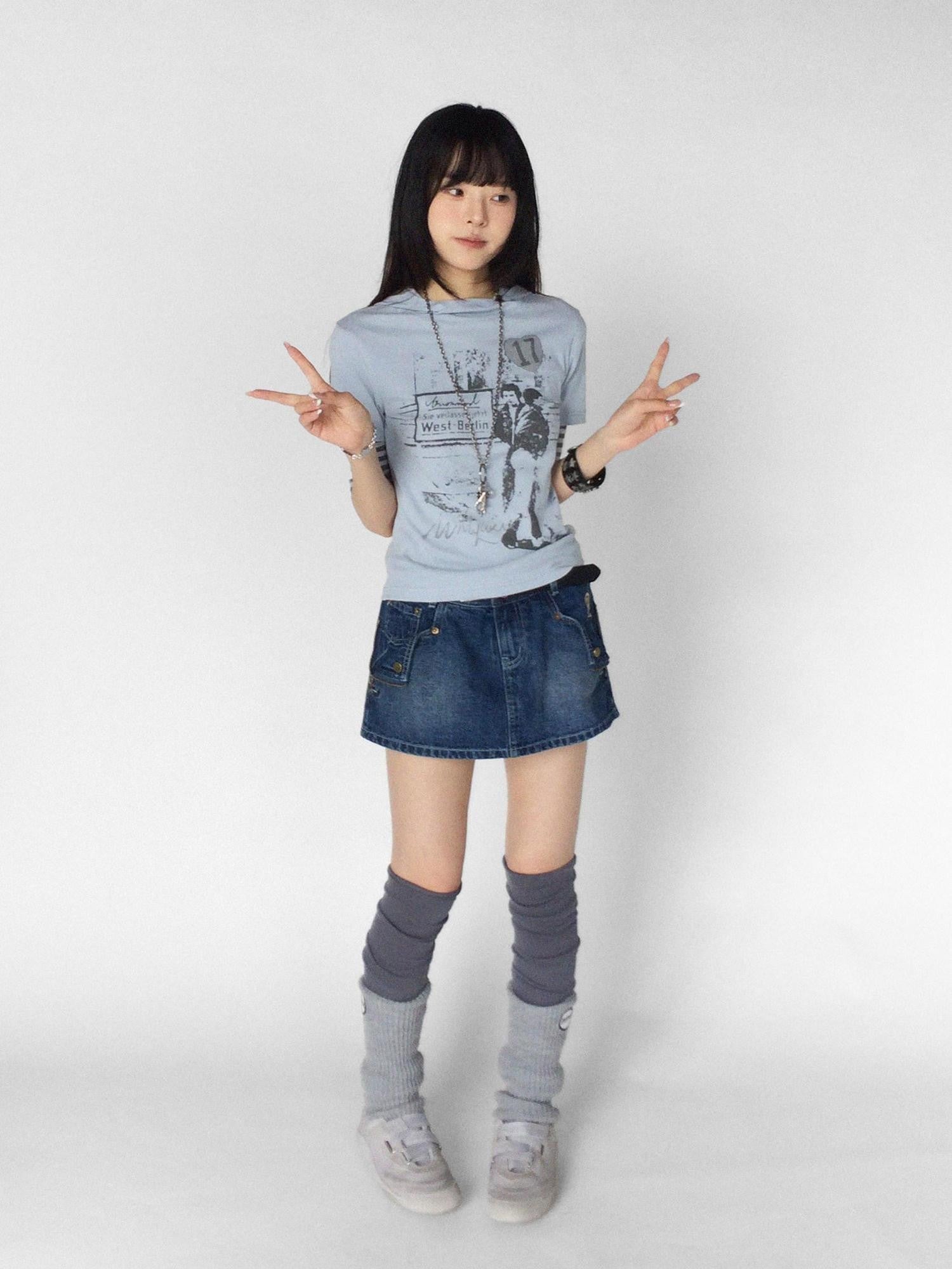 innomoood Embroidered Washed Distressed Front Zipper Low Waist Women&