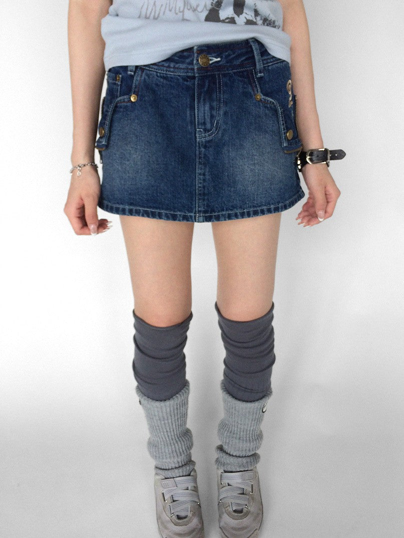 innomoood Embroidered Washed Distressed Front Zipper Low Waist Women&