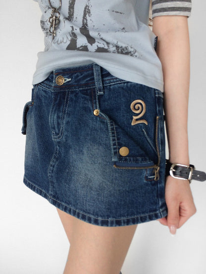 innomoood Embroidered Washed Distressed Front Zipper Low Waist Women&
