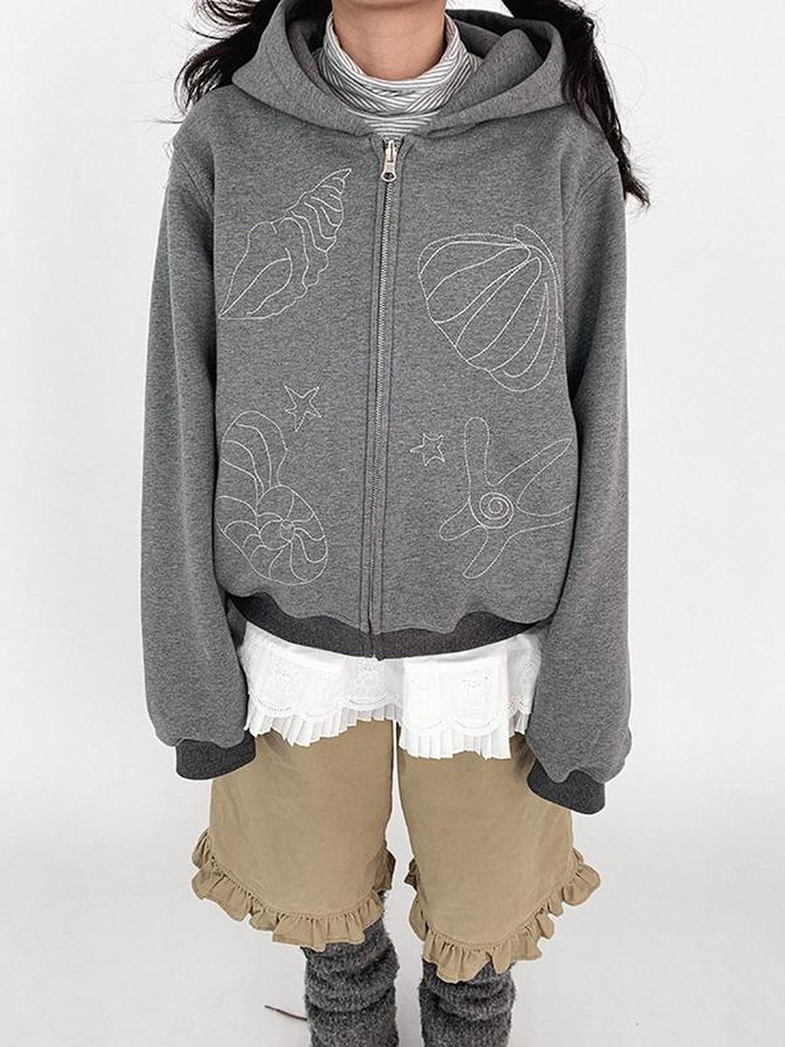innomoood Embroidery Hooded Cardigan Short Jacket