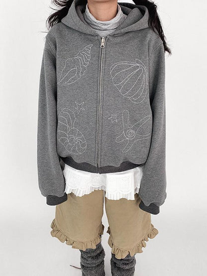 innomoood Embroidery Hooded Cardigan Short Jacket