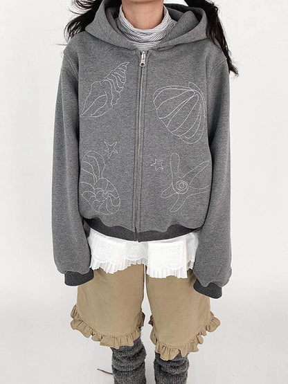 Embroidery Hooded Cardigan Short Jacket