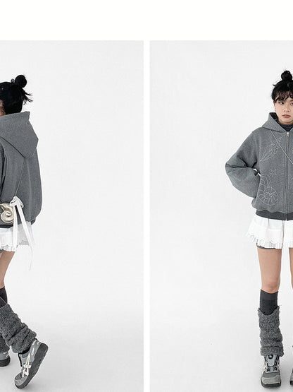 innomoood Embroidery Hooded Cardigan Short Jacket