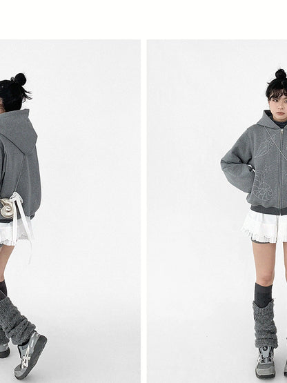 Embroidery Hooded Cardigan Short Jacket