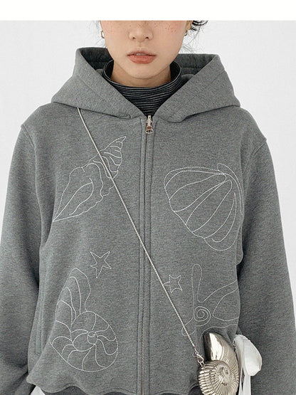 innomoood Embroidery Hooded Cardigan Short Jacket