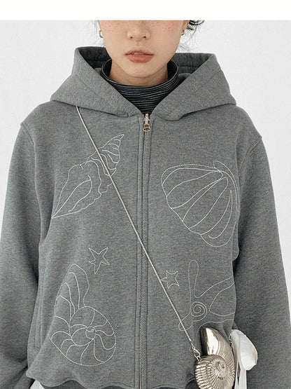 Embroidery Hooded Cardigan Short Jacket