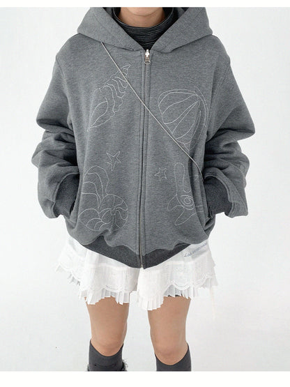 innomoood Embroidery Hooded Cardigan Short Jacket