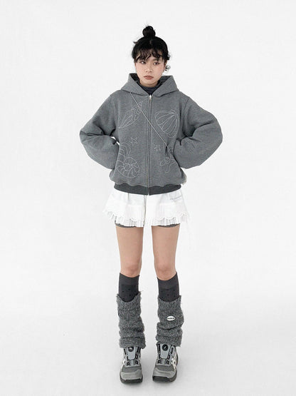 innomoood Embroidery Hooded Cardigan Short Jacket