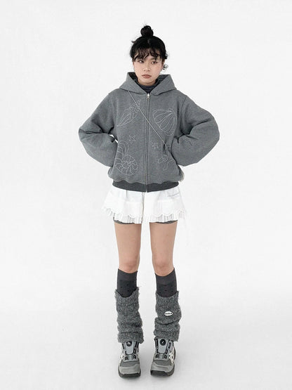 Embroidery Hooded Cardigan Short Jacket