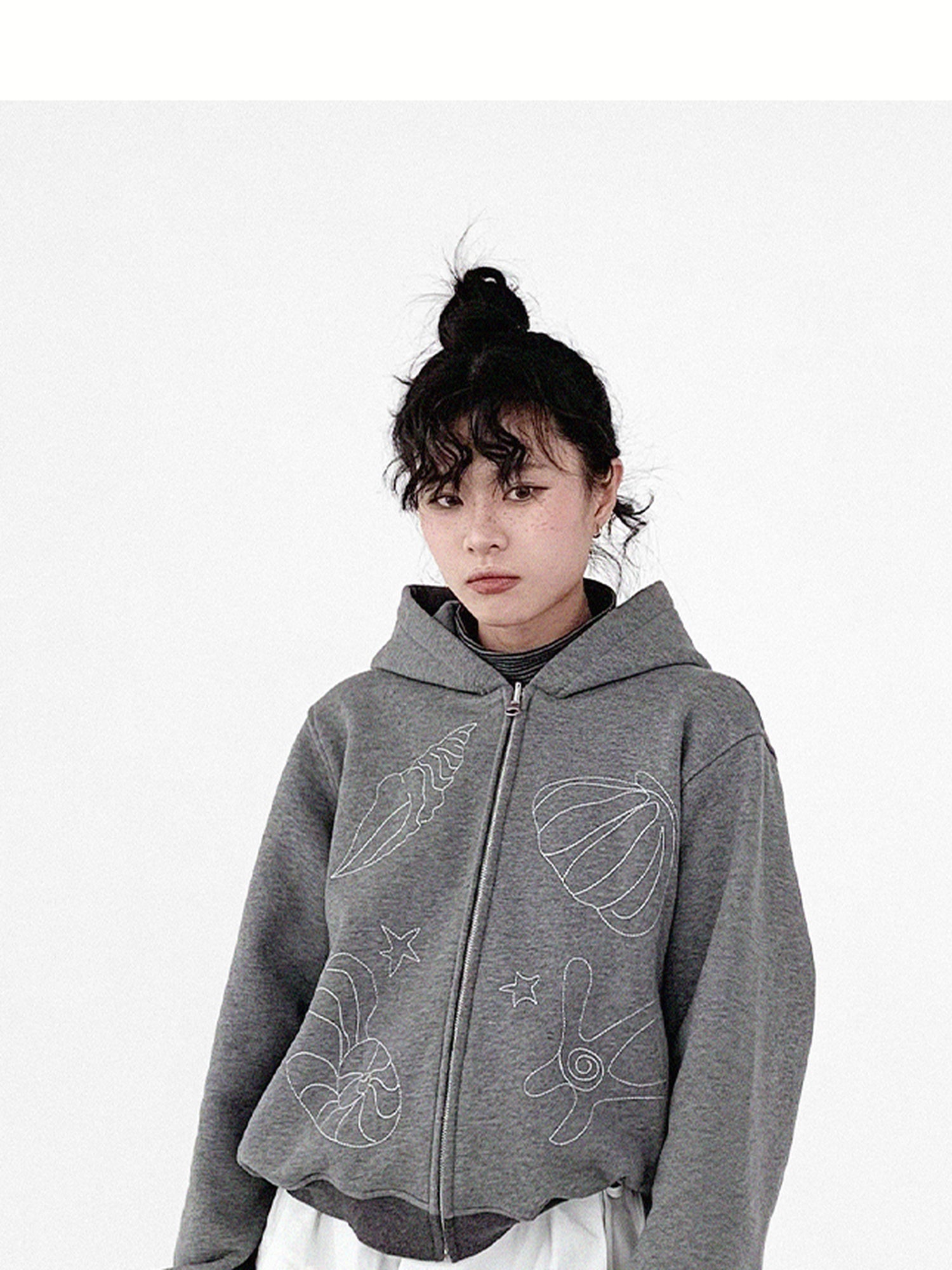 innomoood Embroidery Hooded Cardigan Short Jacket
