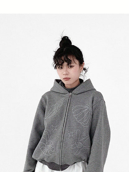 innomoood Embroidery Hooded Cardigan Short Jacket