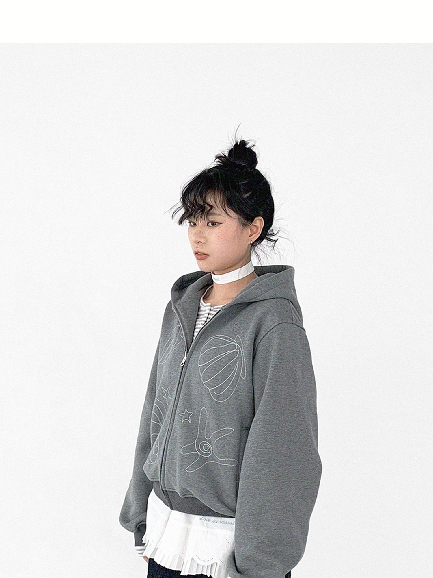 innomoood Embroidery Hooded Cardigan Short Jacket