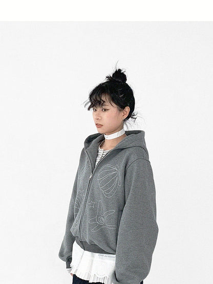 Embroidery Hooded Cardigan Short Jacket