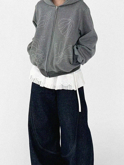 Embroidery Hooded Cardigan Short Jacket