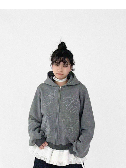 innomoood Embroidery Hooded Cardigan Short Jacket