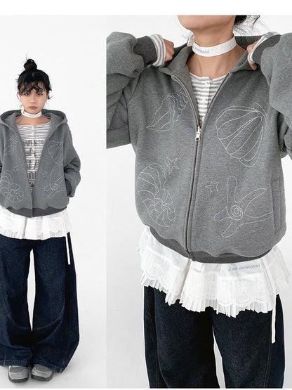 innomoood Embroidery Hooded Cardigan Short Jacket