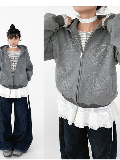 Embroidery Hooded Cardigan Short Jacket