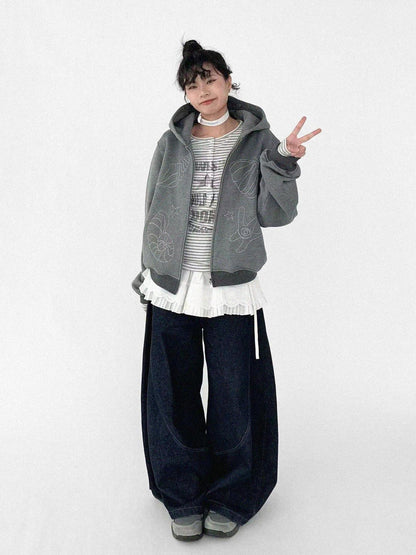 innomoood Embroidery Hooded Cardigan Short Jacket