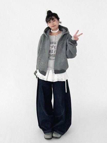 Embroidery Hooded Cardigan Short Jacket