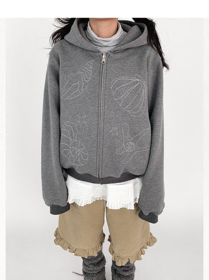 innomoood Embroidery Hooded Cardigan Short Jacket
