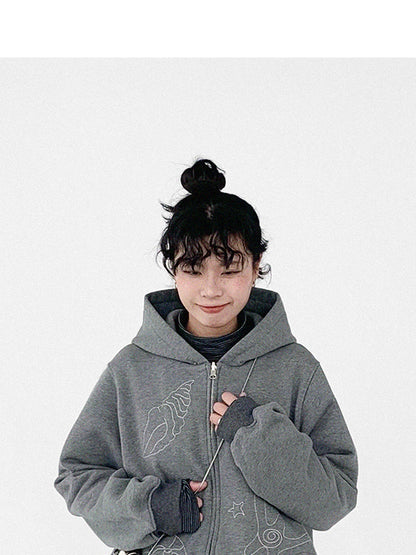 innomoood Embroidery Hooded Cardigan Short Jacket