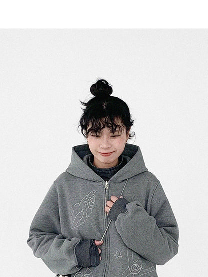 Embroidery Hooded Cardigan Short Jacket