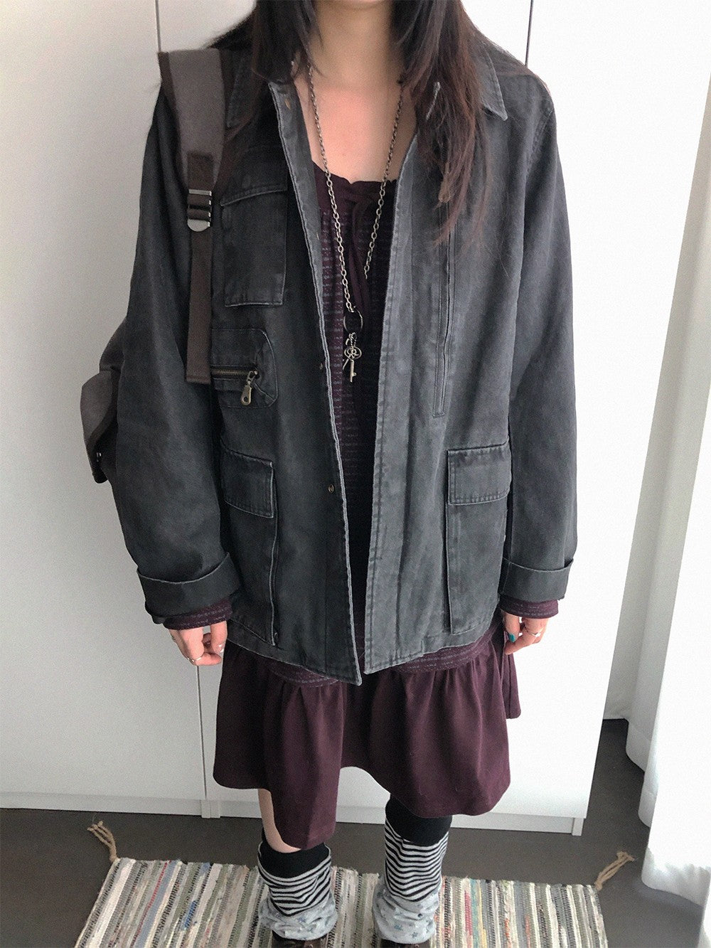 innomoood Faded Heavy Sand Wash Distressed Quilted Pocket Women&