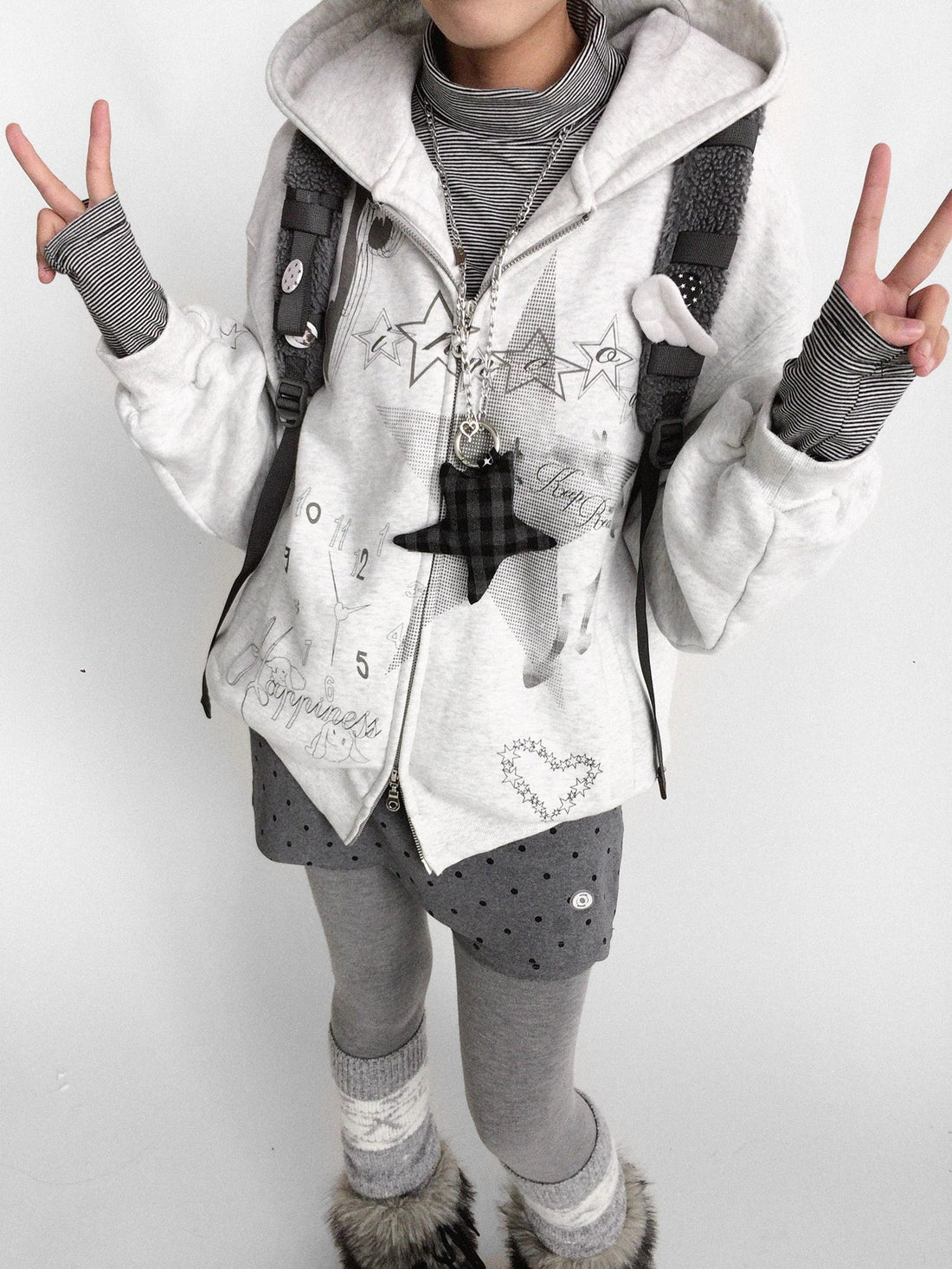 innomoood Fleece Lined Loose Fit Zip Up Hooded Commuter Women Light Gray Zipper Hoodies