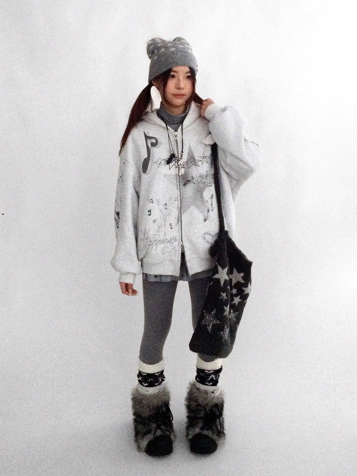 innomoood Fleece Lined Loose Fit Zip Up Hooded Commuter Women Light Gray Zipper Hoodies