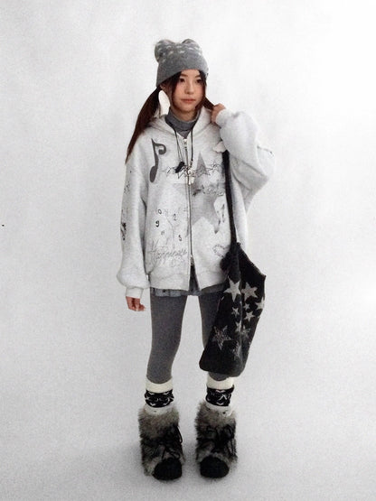 innomoood Fleece Lined Loose Fit Zip Up Hooded Commuter Women Light Gray Zipper Hoodies