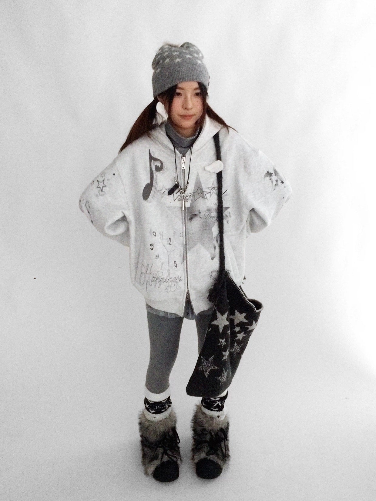 innomoood Fleece Lined Loose Fit Zip Up Hooded Commuter Women Light Gray Zipper Hoodies