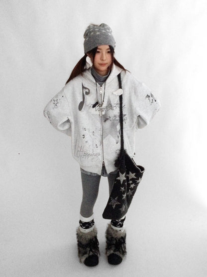 innomoood Fleece Lined Loose Fit Zip Up Hooded Commuter Women Light Gray Zipper Hoodies