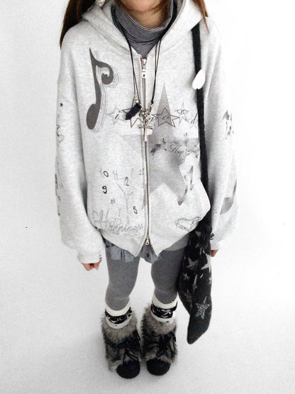 innomoood Fleece Lined Loose Fit Zip Up Hooded Commuter Women Light Gray Zipper Hoodies