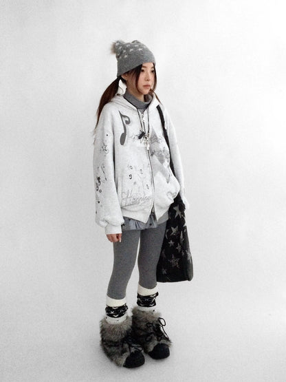 innomoood Fleece Lined Loose Fit Zip Up Hooded Commuter Women Light Gray Zipper Hoodies