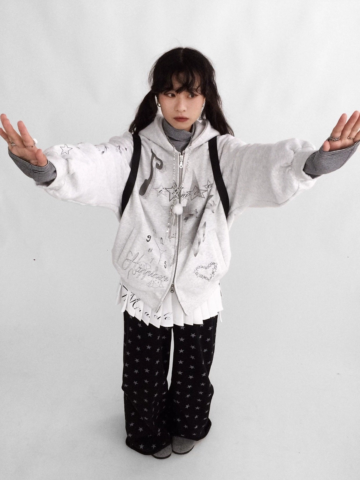 innomoood Fleece Lined Loose Fit Zip Up Hooded Commuter Women Light Gray Zipper Hoodies