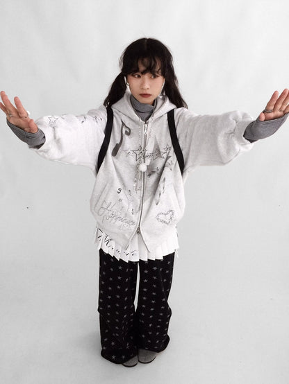 innomoood Fleece Lined Loose Fit Zip Up Hooded Commuter Women Light Gray Zipper Hoodies