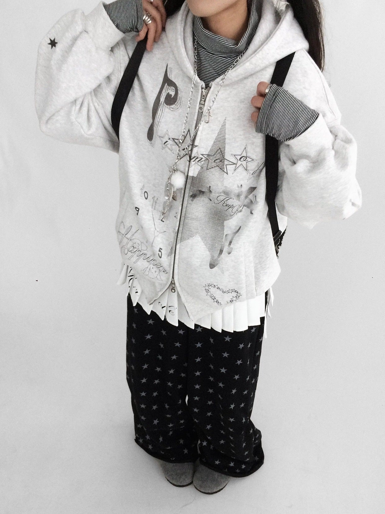 innomoood Fleece Lined Loose Fit Zip Up Hooded Commuter Women Light Gray Zipper Hoodies