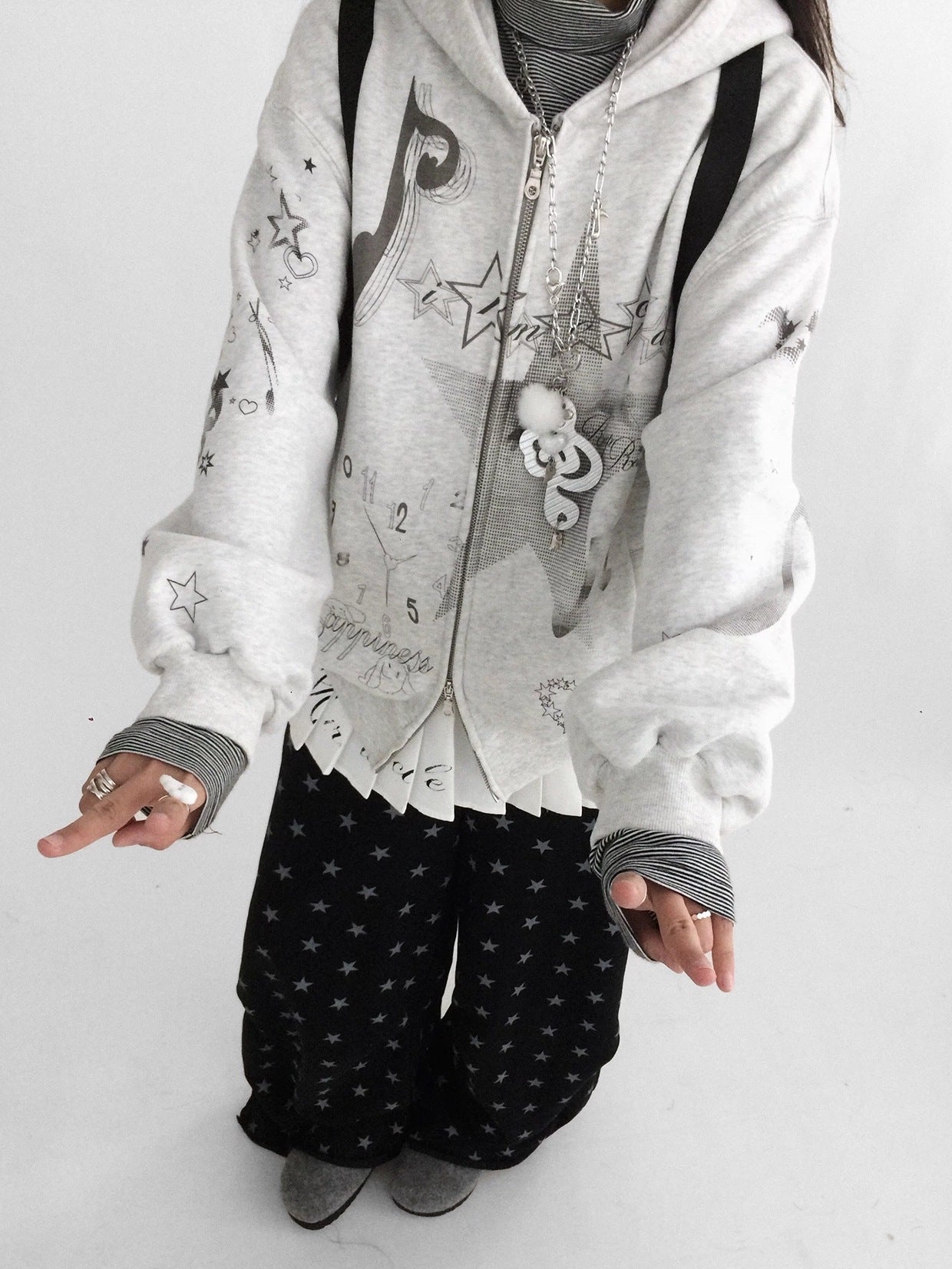 innomoood Fleece Lined Loose Fit Zip Up Hooded Commuter Women Light Gray Zipper Hoodies