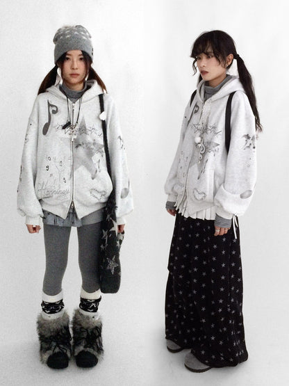 innomoood Fleece Lined Loose Fit Zip Up Hooded Commuter Women Light Gray Zipper Hoodies