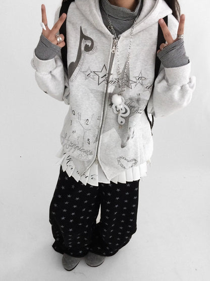 innomoood Fleece Lined Loose Fit Zip Up Hooded Commuter Women Light Gray Zipper Hoodies