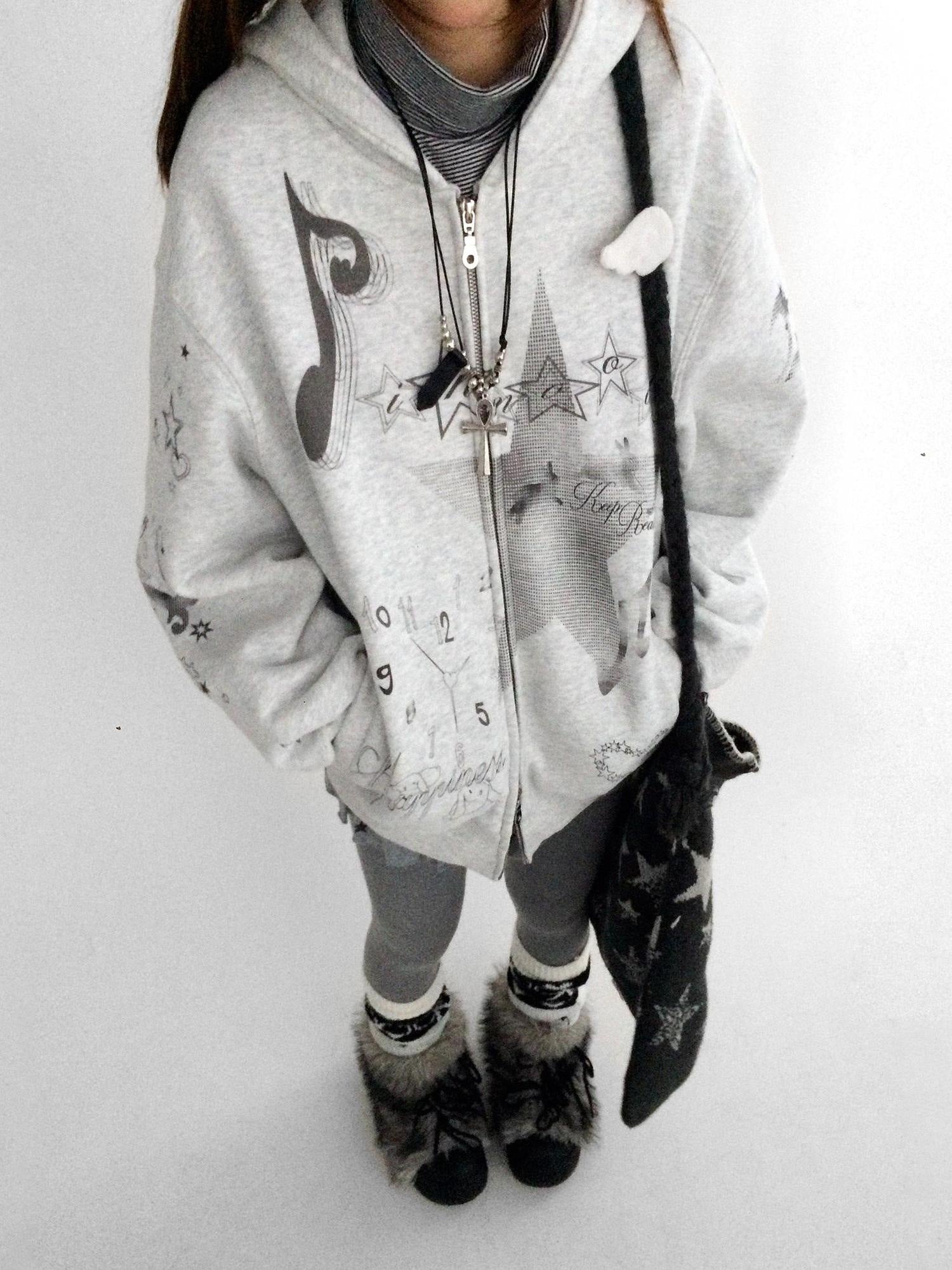 innomoood Fleece Lined Loose Fit Zip Up Hooded Commuter Women Light Gray Zipper Hoodies