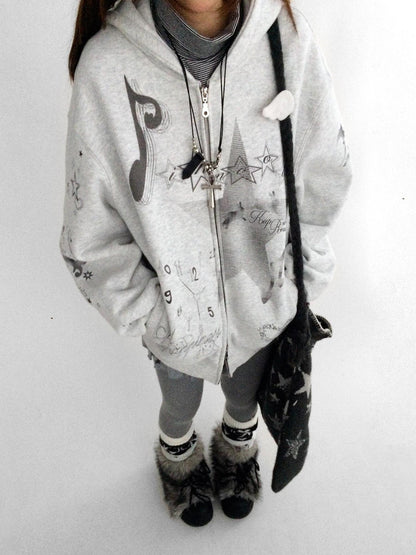 innomoood Fleece Lined Loose Fit Zip Up Hooded Commuter Women Light Gray Zipper Hoodies