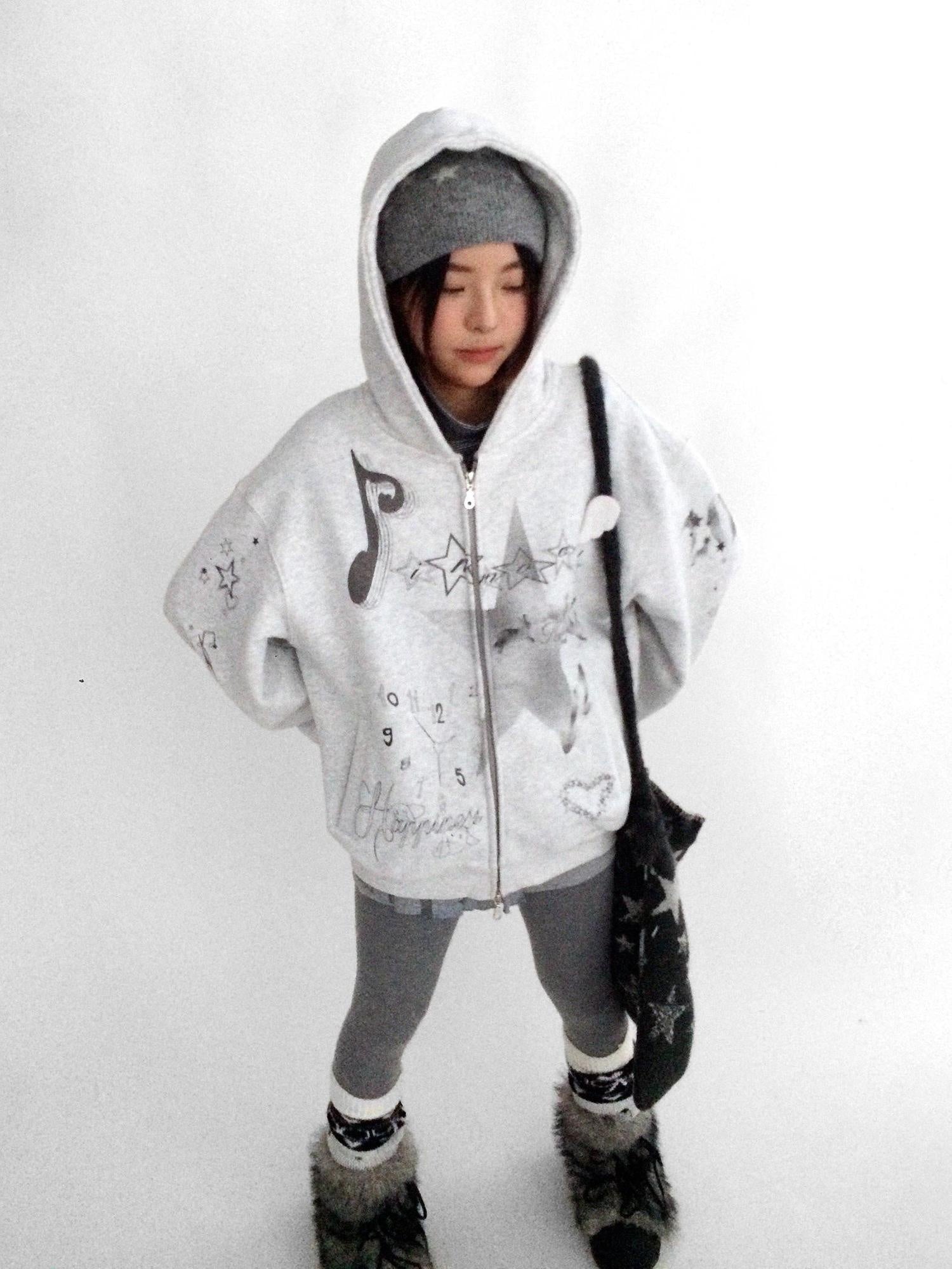 innomoood Fleece Lined Loose Fit Zip Up Hooded Commuter Women Light Gray Zipper Hoodies
