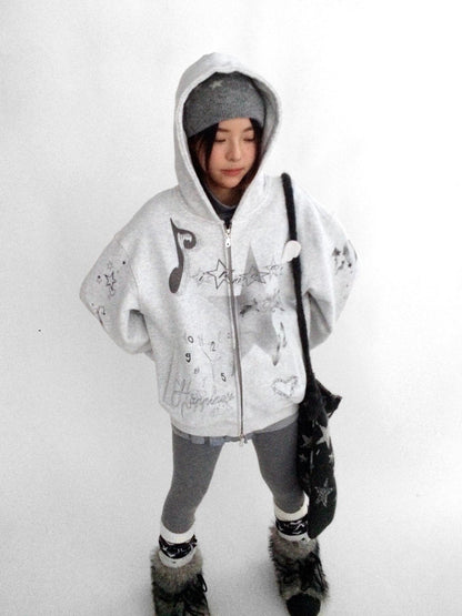 innomoood Fleece Lined Loose Fit Zip Up Hooded Commuter Women Light Gray Zipper Hoodies