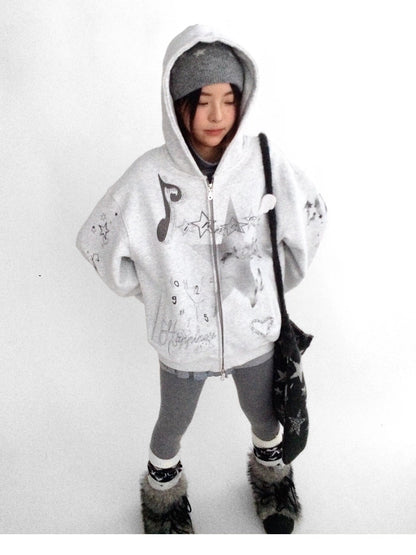 innomoood Fleece Lined Loose Fit Zip Up Hooded Commuter Women Light Gray Zipper Hoodies