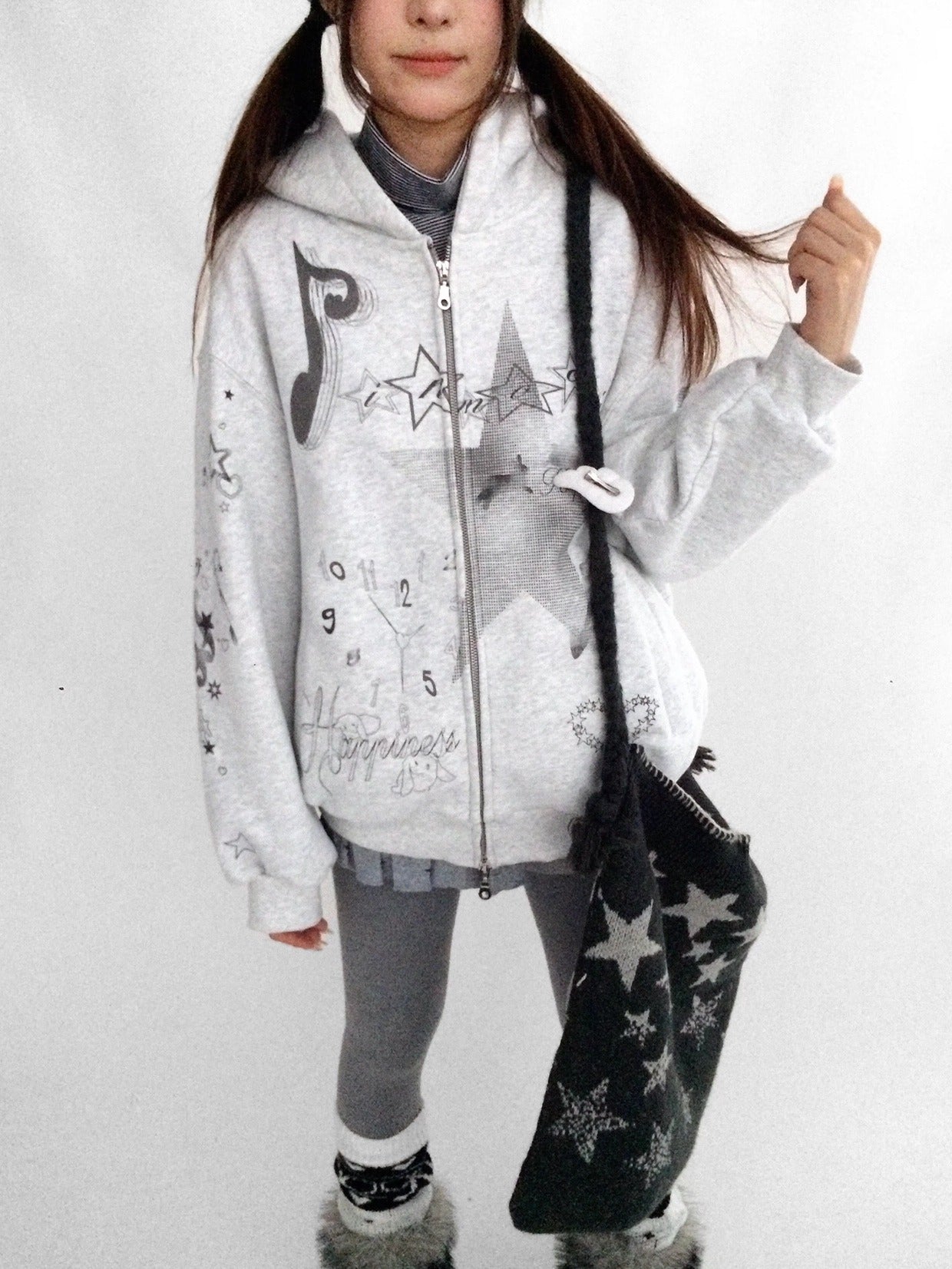 innomoood Fleece Lined Loose Fit Zip Up Hooded Commuter Women Light Gray Zipper Hoodies