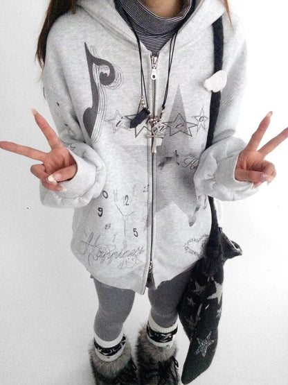 innomoood Fleece Lined Loose Fit Zip Up Hooded Commuter Women Light Gray Zipper Hoodies