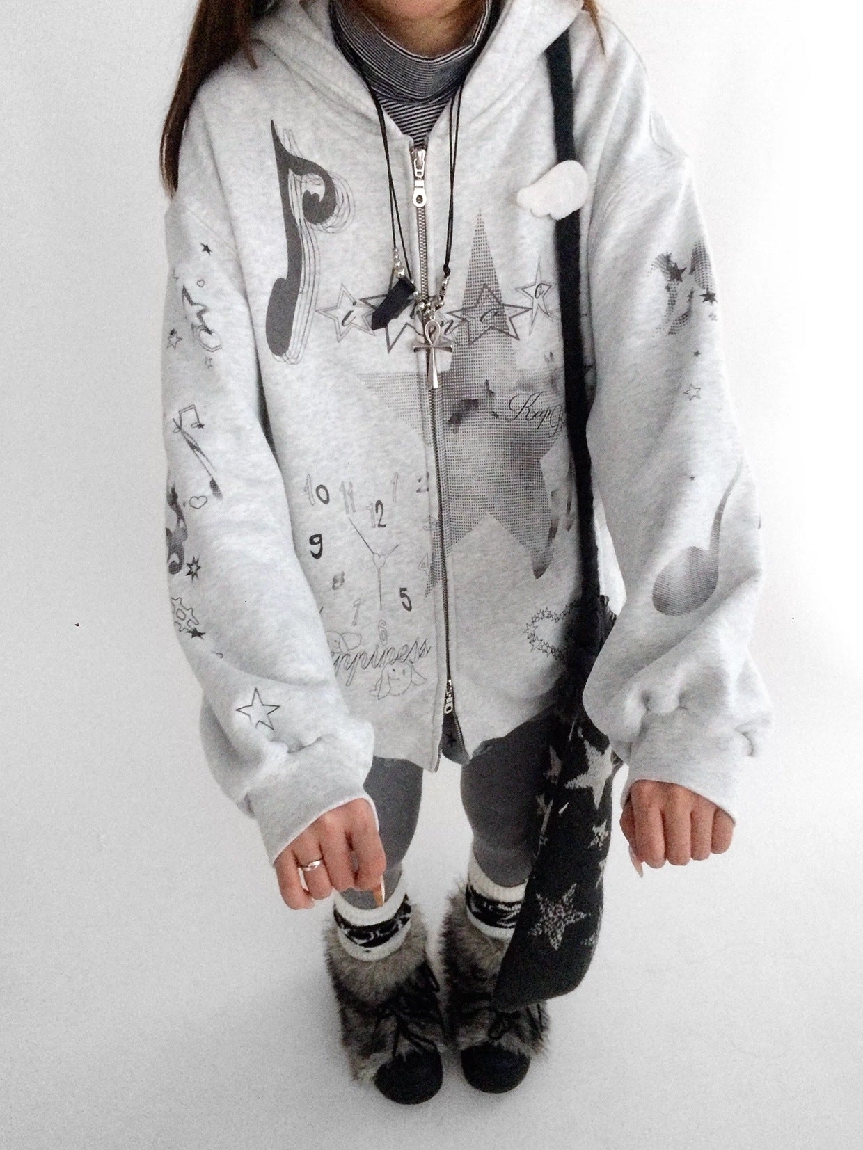 innomoood Fleece Lined Loose Fit Zip Up Hooded Commuter Women Light Gray Zipper Hoodies