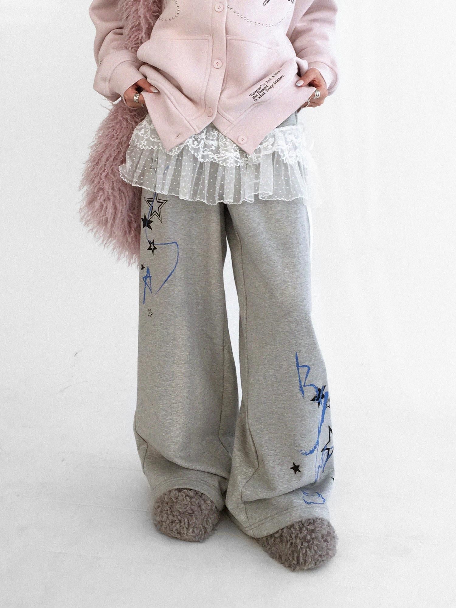 innomoood Fleece Lined Printed Straight Leg Casual Unisex Natural Waist Elastic Pants