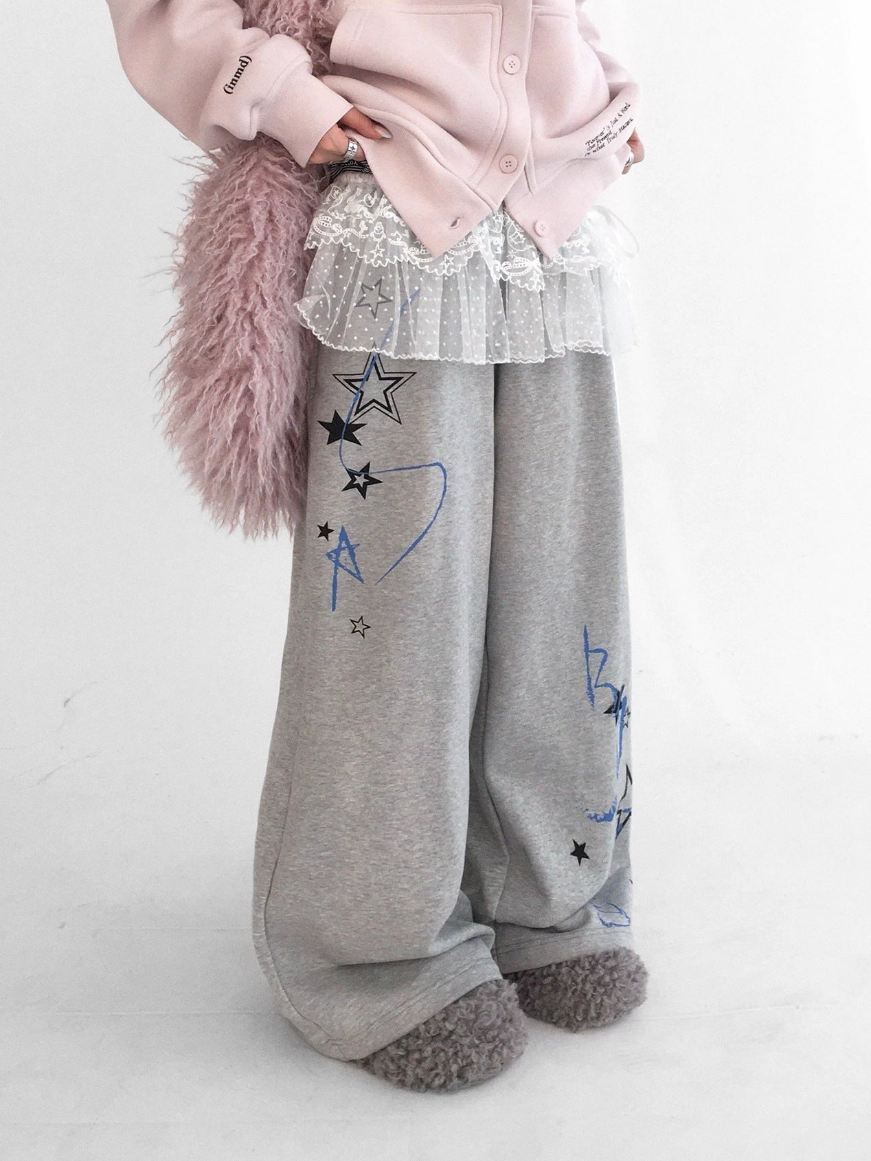 innomoood Fleece Lined Printed Straight Leg Casual Unisex Natural Waist Elastic Pants